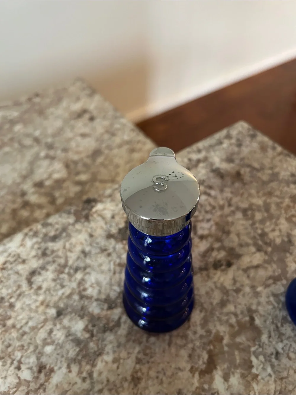 Cobalt Blue Glass Pepper and Salt Shakers with Silver Tops
